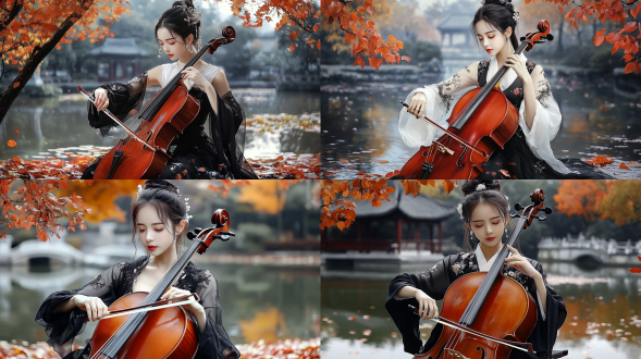 中国国画风格，兼工带写，秋高气爽，中国古装美女在苏州园林里拉大提琴，秋水、红叶、亭、台、楼、阁，画面通透色彩丰富，构图美女全身像，每只手是五根手指，大提琴在画面要完整。构图美女全身像为后期ai视频保留活动空间，杰作，8k，最佳质量，优质构图，东方传说，中国神话，中国不朽，动态姿势，1女孩，神圣，黑发，长袖，红白服装融合，汉服，光环，连衣裙，发饰，半身肖像，面向观众，单发髻，额头标记，高光，柔焦，自然光，鲜艳色彩，神秘氛围。 全身 丝绸 汉服 刺绣 中式服装 园林 亭子 工笔画 中国水墨 国墨