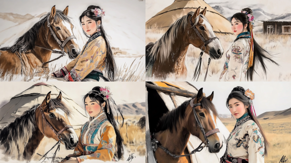 蒙古族美女身着刺绣旗袍戴发带发花，与马在草原蒙古包前全身像，兼工带写水墨风，自然光柔焦，鲜艳色彩，神圣神秘，高清写实。 中国水墨 水墨插画 照片写实 草原 全身 电影灯光 林德伯格 杰里米曼 米开朗基罗 vogue时尚 中式服装 旗袍 国画 发花 发带