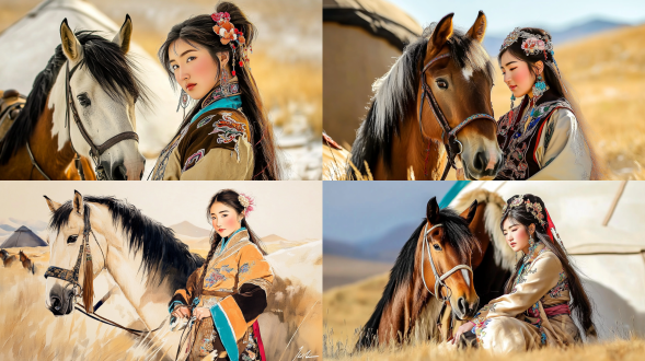 蒙古族美女与马在草原蒙古包前全身像，兼工带写水墨画风，草地环境，自然光柔焦，鲜艳色彩，旗袍刺绣，发带发花，神圣神秘，写实宏大，高清。 中国水墨 水墨插画 照片写实 草原 全身 电影灯光 林德伯格 杰里米曼 米开朗基罗 vogue时尚 中式服装 旗袍 国画 发带