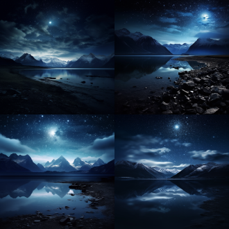 深色风景，简约大方，心情愉悦，电脑壁纸，广阔视野，低饱和度，山脉湖泊，星空气氛，长焦镜头，柔和光线，平静表情，深蓝调，宁静。