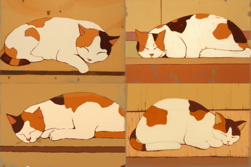 懒散猫，俯卧姿势，熊谷守一风格，色彩单一，扁平平涂，素雅技巧，儿童拙劣感，超高清，笔触颗粒感，静谧，室内，自然光，柔和色调，细节丰富，放松表情。