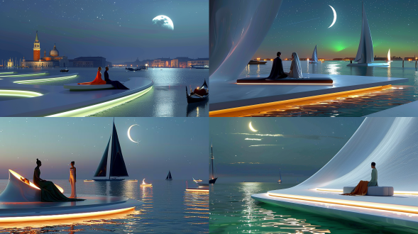 威尼斯水面，大平台上，曼妙优雅的女人坐在沙发上，与男人互动，浪漫诗意的氛围，远景错落的着小船，灯火点点，星光点点，明月高悬，简约未来时尚感，极简主义，超现实宏大干净的场景，明亮的灯光，高端品质感，干净的天空，大师之作，品质图，超广角地平线，16k高清画质，完美的细节，清晰的人物五官