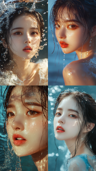 韩国美女，水润，背景水，时尚美女，皮肤白皙，人像摄影，面部精致，商业拍摄，顶级摄影，高清质感，8k分辨率，广角镜头，自然光，细节丰富，色彩鲜艳，优雅