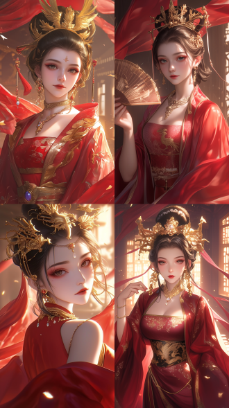 古装美女，华丽宫殿长廊，绛紫色广袖流仙裙，金线凤凰图案，阳光下熠熠生辉，白色宝石腰带，纤细腰肢，高盘发髻，璀璨金冠，珠链摇曳，朱砂明艳，精致面容，远黛细眉，盈盈秋水双眸，清澈深邃，樱唇浅笑，山水绸扇，粉色丝带飘动，朱红廊柱，精美雕花窗棂，华丽庄重，色彩浓郁鲜明，高贵优雅。