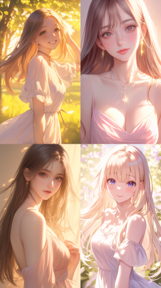 美女，高颜值，凉快，半身像，自然光，户外，清新风格，浅色连衣裙，微笑，柔和色调，长直发，微风，舒适，优雅。