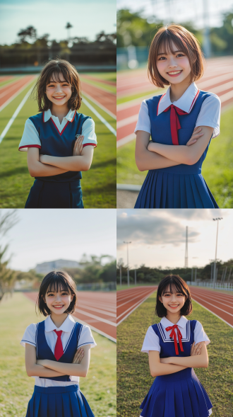 校园操场少女叉腰笑，跑道旁绿草如茵，蓝白红校服，短发灵动，正面视角，青春风格，顺光，标准镜头，可爱，活力。