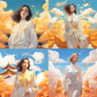 国潮插画，工笔极简新艺术风，天空金祥云，中央白塔，蓝浪少女，旁有广柑三角梅，高饱和，暖光，对称构图，庄重梦幻。