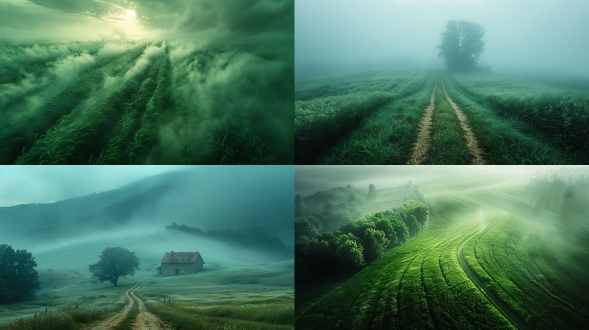 农村风光，自然，海报，绿色系，农业，摄影，丁达尔光效，薄雾