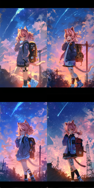 粉发色猫娘背着军用挎包双手插兜，黑色过漆袜，装备精良，战术风格，战术小队，脸上贴创可贴，双手插兜，日系动漫风格，流星划过璀璨星空，星空，城市，猫娘额头系红蓝白条纹头巾，左眼蓝，右眼红，对角线构图，日落时分的城市，火烧云与星空交融，城市街道，电线杆，城市公园，风景，高动态范围，暖冷色调对比，长焦镜头，逆光，柔和光线，宁静，梦幻。