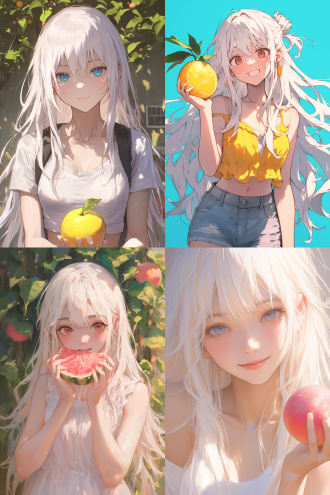 a beautiful white-haired girl with an grapefruit in her hand, long hair, happy expression, ultra-high-definition image
