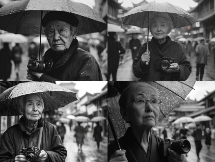 老人撑伞背相机，雨中街道，人流穿梭，中国传统服饰，慈祥面容，黑白摄影，低饱和度，广角镜头，柔和光线，雨滴效果，沉思，怀旧。