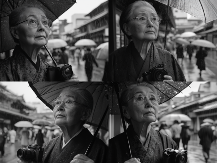 老人撑伞背相机，雨中街道，人流穿梭，中国传统服饰，慈祥面容，黑白摄影，低饱和度，广角镜头，柔和光线，雨滴效果，沉思，怀旧。