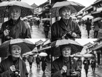 老人撑伞背相机，雨中街道，人流穿梭，中国传统服饰，慈祥面容，黑白摄影，低饱和度，广角镜头，柔和光线，雨滴效果，沉思，怀旧。