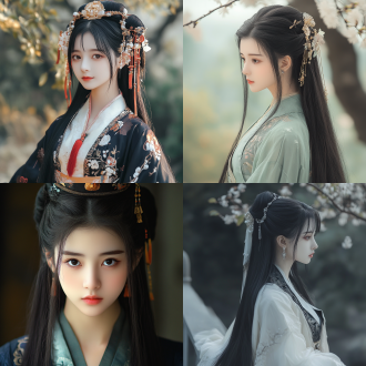 古风，汉服，可爱女生形象，黑色长发，精致面容，精致的头饰，