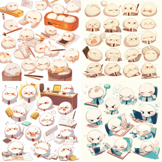 小笼包拟人，手里拿着办公工具，各种表情，每个表情写着对应的文字，生气开心愤怒犯困发呆快乐悲伤惊讶厌恶疑惑自信害羞等，插画集，大胆漫画线条，可爱风格，火柴人风格，动态姿势，白色背景，f/36小组，相关性格，老梗，粉笔，3:4比例，250风格，niji 5，400风格，可爱风格