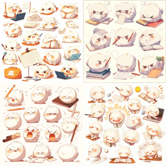 小笼包拟人，手里拿着办公工具，各种表情，每个表情写着对应的文字，生气、开心、愤怒、犯困、发呆、快乐、悲伤、惊讶、厌恶、疑惑、自信、害羞等，插画集，大胆漫画线条，可爱风格，火柴人风格，动态姿势，白色背景，f/36小组，相关性格，老梗，粉笔，3:4比例，250风格，niji 5，400风格，可爱风格