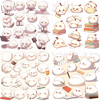 小笼包拟人，手里拿着办公工具，各种表情，每个表情写着对应的文字，卖萌、开心、愤怒、犯困、快乐、悲伤、惊讶、厌恶、疑惑、自信、害羞、生气等，插画集，大胆漫画线条，可爱风格，火柴人风格，动态姿势，白色背景，f/36小组，相关性格，老梗，粉笔，3:4比例，250风格，niji 5，400风格，可爱风格