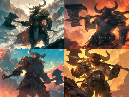 牛魔王，牛头人身，神话风格，肌肉发达，愤怒表情，深山背景，宽肩铠甲，长角头饰，手持巨斧，仰视角度，高光阴影，动态姿势，史诗氛围，力量感，广角镜头，侧光，高对比度，暖色调，快速快门，紧张，威严。