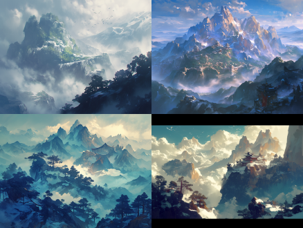 仙山昆仑虚，神话风，神龙出没，云山雾绕，原始森林，远古雪山，神光普照，广角镜头，高对比度，暖色调，侧光，神秘感，远景，细节丰富，庄严，神圣。