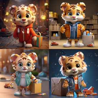 一只可爱的小老虎，身上有斑纹，穿着时尚的衣服、鞋子、粘土材料，皮克斯风格，c4d渲染oc渲染，流行集市，盲盒——ar 9:16