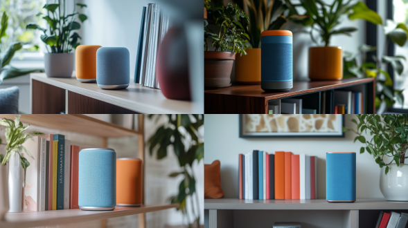 智能音箱置于客厅书架，三分法构图，宁静蓝主调配活力橙、金属银，自然光，长焦镜头，清晰，简约，宁静氛围。