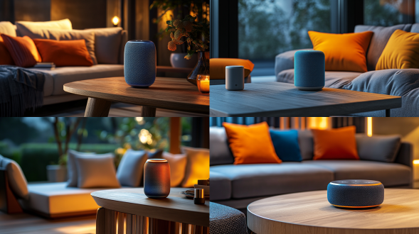 智能音箱置木质咖啡桌，与桌腿抱枕搭，对角线构图，宁静蓝主调配活力橙与金属银，侧光，暖色调，温馨氛围。