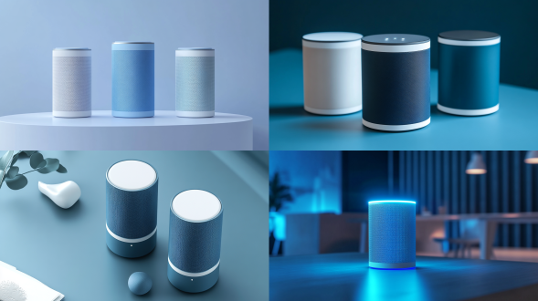 圆柱形智能音箱，铝合金主体，科技蓝配白色边框，桌面家居场景，三分法布局，冷色调，特写镜头，顶光，简洁，科技感。
