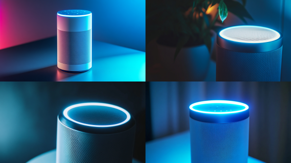 圆柱形智能音箱，铝合金主体，科技蓝与白色搭配，桌面家居场景，对称布局，冷色调，特写镜头，顶光，简约，科技感。