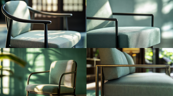 新中式椅子，线条感强，金属复合与亚麻青瓷色搭配，悬浮悬臂支撑，嵌入式照明，东方留白，4k hdr自然光效，特写，暖光。