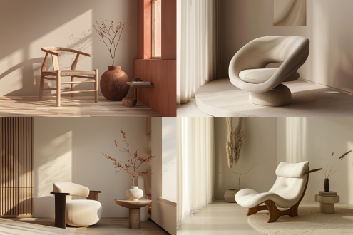 新中式简约座椅，宋瓷曲线与模块化结合，北欧极简布景，粘土渲染，暖光，侧拍，高饱和，典雅，舒适，