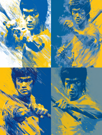 李小龙挥舞二节棍，扁平风，居中构图，蓝黄配色，酷感表情，动态模糊，矢量风格，适合t恤图案。