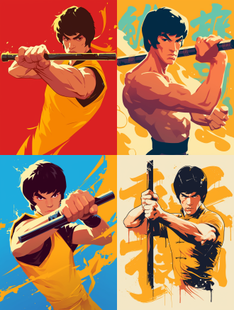 李小龙持二节棍，扁平卡通风，正面构图，纯色背景，冷色调，矢量图形，动感姿态，酷炫表情，适合t恤图案。