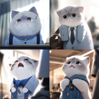 蓝白英短猫咪，表情搞怪哭泣，打工装扮，室内环境，可爱风格，特写镜头，柔和光线，表情生动，蓝白配色，悲伤情绪。