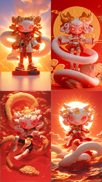 a cute snake baby, surrounded by auspicious clouds, in the style of classic of mountains and rivers, popmart-style, full body, wearing elaborate embroidered costumes, red, white and gold, hair, frayed, combined with the theme style of ancient chinese mythology, red background, octane render, blender, rays of shimmering light
