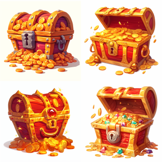 白色背景，一个宝箱，大红色和金色的，有元宝，金币装饰，喜庆的颜色，居中构图，2d，幻想风格，