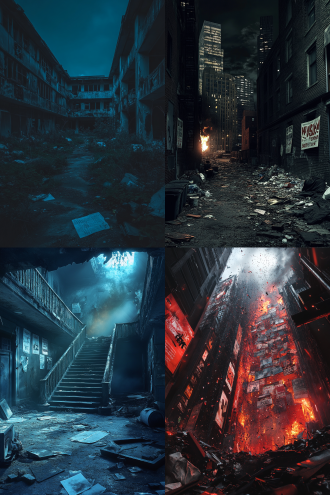 破败社会，废墟建筑，碎海报垃圾玻璃，午夜火光，暗调，对角线构图，超广角，逆光，高对比，写实，8k画质。