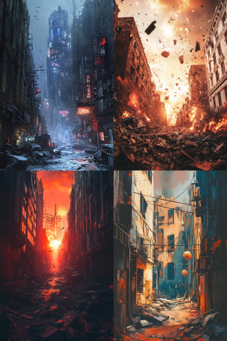 建筑废墟爆炸残骸，赛博朋克风插画，廷德尔效果，高分辨率壁纸，前景后景景深，暖冷色调对比，爆炸光效，禁令元素。