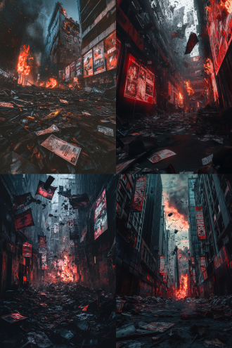 破败社会，废墟建筑，碎海报垃圾玻璃，午夜火光，暗调，对角线构图，超广角，逆光，高对比，写实，8k画质。