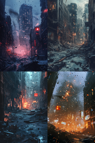 建筑废墟爆炸残骸，赛博朋克风插画，廷德尔效果，高分辨率壁纸，前景后景景深，暖冷色调对比，爆炸光效，禁令元素。