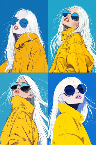 a stylish anime-style woman with long, sleek white hair, wearing round blue sunglasses and a vibrant oversized yellow jacket. the background is a solid bold blue color, creating a striking contrast. the illustration has a clean, sharp, and minimalistic aesthetic, with high contrast shadows and bold black outlines. inspired by retro-futuristic 80s anime and modern pop-art fashion