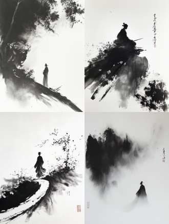 意境水墨禅意浓，丝绸宣纸满是书法字，渺小古代人，纯白背景留白，微距变焦，立体水墨，真实光，磨砂效，超高清。