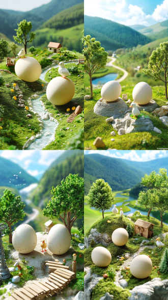 鹌鹑蛋、微缩模型、搬运工、奇幻风景风格、微距艺术、微缩核心、高创意图像、微缩创意摄影、彩色动画剧照、杂货艺术、极简人物、广告海报