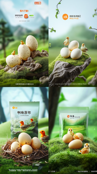 鹌鹑蛋、微缩模型、搬运工、奇幻风景风格、微距艺术、微缩核心、高创意图像、微缩创意摄影、彩色动画剧照、杂货艺术、极简人物、广告海报