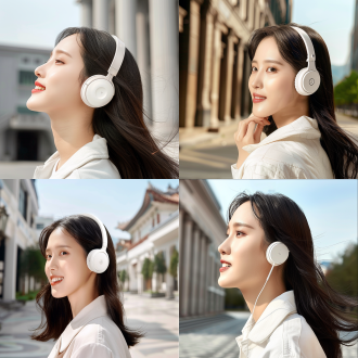 欧洲模特戴耳机，都市街头，时尚简约，侧颜微笑，长发飘逸，高分辨率，自然光，长焦镜头，柔和色彩，愉悦氛围。