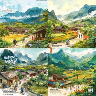 "traditional rural village with mountains and rice fields, lively tourists cycling and shopping at local market, handicraft demonstration, vibrant colors, sunny day, chinese cultural tourism poster style, cinematic lighting"