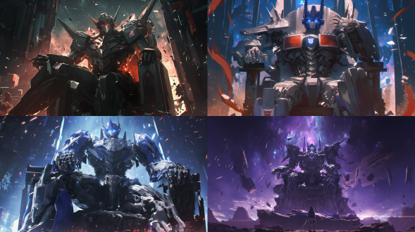 机器人，变形金刚，starscream，王座，胳膊支撑下巴，翘二郎腿，暗色调，巨大玻璃窗，宇宙星空，细节丰富，层次感强，众多部件，逼真风格，大光圈，长焦镜头，侧光，高对比度，金属质感，深邃，神秘。