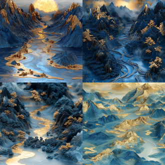 蓝金山水，细节丰富，广角镜头，流体摄影，新中式风格，风景壮阔，江河奔腾效果，发光，中国风，群山江河，3d插图，蓝金配色，壮丽，雄伟，丰富色彩。