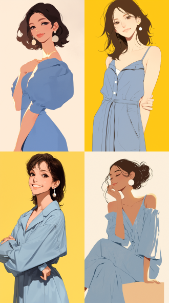 女子插画，纯色背景，极简艺术，牛仔长裙，微笑嘴角，深棕眼睛，银白复古耳环，平面构图，柔和光线，高饱和度，细节精致，优雅姿态，温馨氛围。