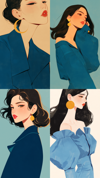 少女扁平插画，极简艺术，牛仔长裙，水红唇色，金色眼睛，纯金耳饰，平面构图，柔和光线，细节精致，优雅神情，扁平风格，极简主义，牛仔材质，鲜艳唇色，金色瞳孔，耳饰细节，平面设计，柔光效果，精细描绘，优雅姿态。