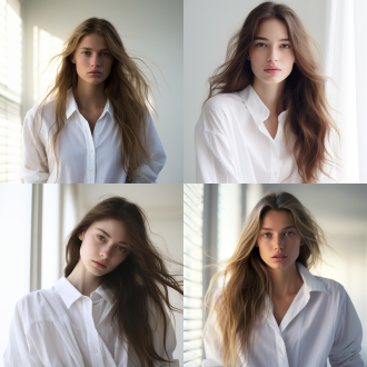 女孩极简风，简约线条，白色背景，清晰轮廓，无表情，长发披肩，宽松白衬衫，直视镜头，自然光，柔和阴影，平静氛围。